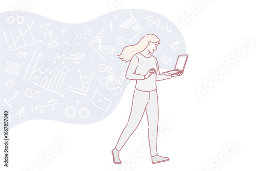Higher education and studying online concept. Young smiling female student standing learning mathematics online on laptop screen vector illustration