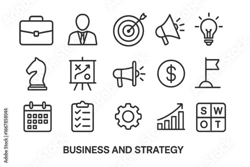 Business and strategy line icons set. Management, marketing and finance thin symbols. Vector collection planning, analysis, swot, growth and success design elements.