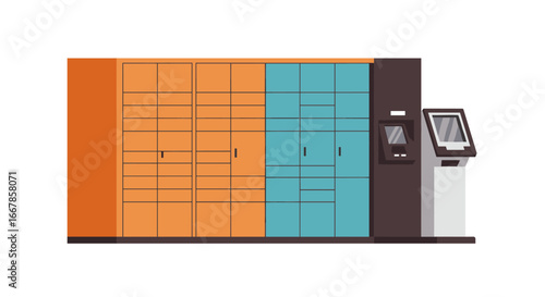 Modern parcel locker with touchscreen kiosk for secure package retrieval