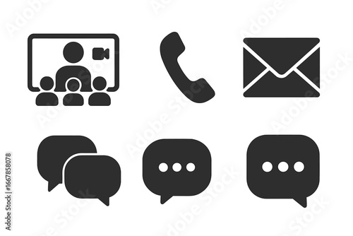 Team communication icon set. Solid glyphs for video conference, phone call, email, and chat. Business contact and support symbols. Vector illustration for web and mobile apps.
