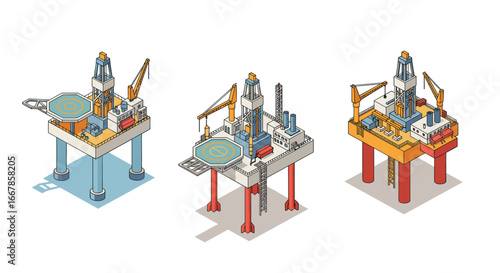 Isometric offshore oil rigs set with multiple drill designs and elements