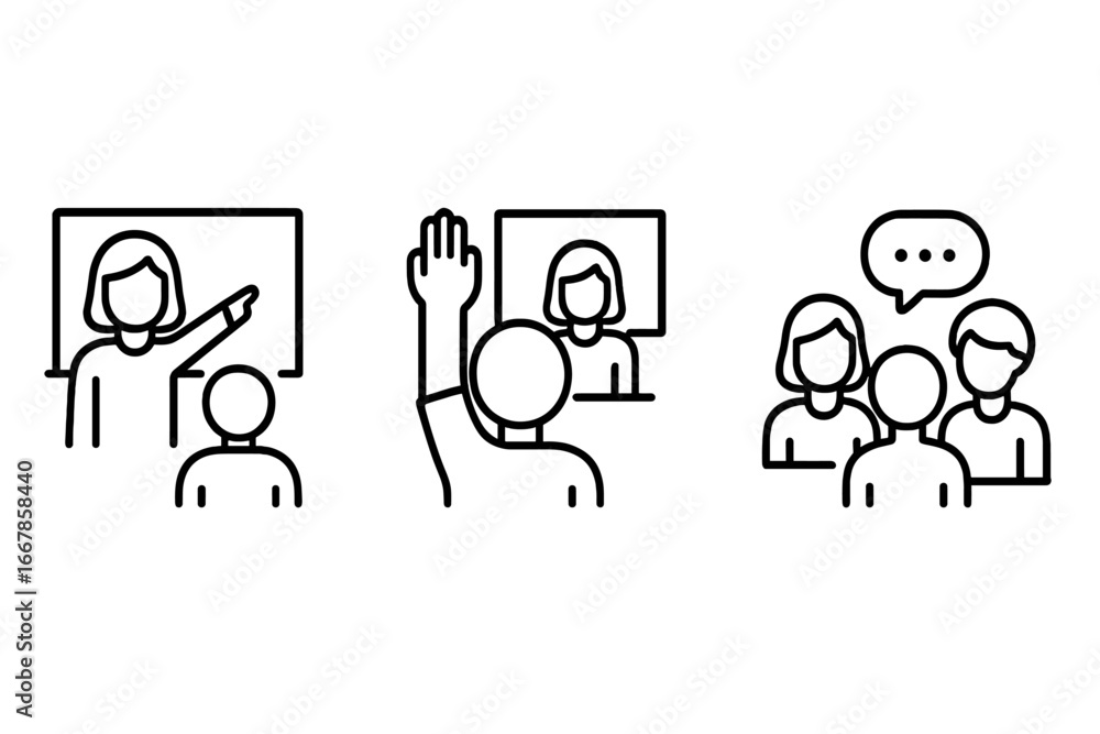 Obraz premium Classroom teaching icon set. Teacher at blackboard, student raises hand, group discussion. Education, school, learning concept. Outline vector icons for web, ui design.