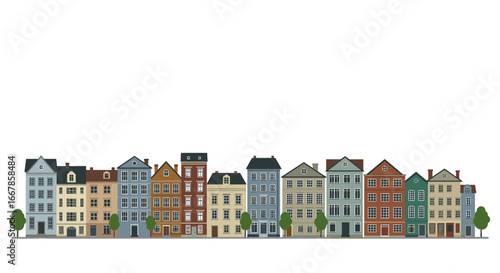 European cityscape with vintage building facades and trees