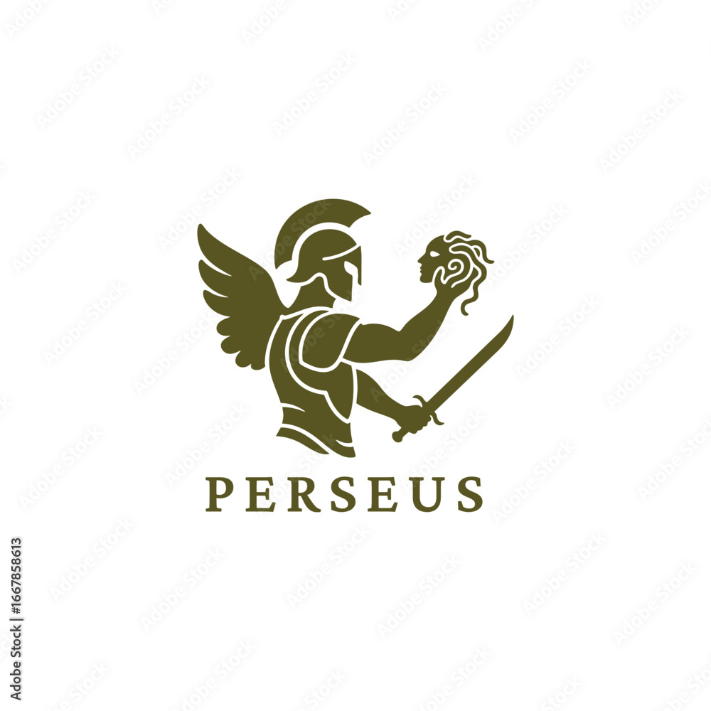 Obraz premium Flat vector logo illustration of the mighty Greek hero Perseus, standing powerfully while holding a sword in one hand and the severed head of the Gorgon in the other