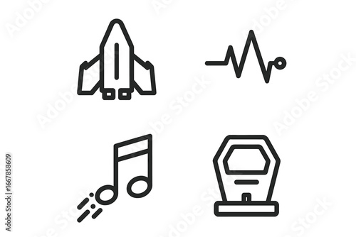 Sci-fi game vector icon set for UI UX design. Outline icons of spaceship, electronic pulse, soundtrack note, and cryo pod or tombstone for a futuristic gaming interface.