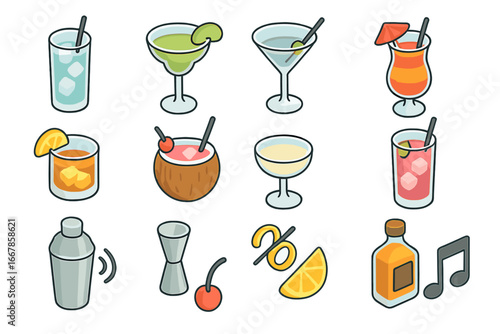 Cocktail icons set in isometric style. Bar essentials, party and drink symbols for menu design. Vector illustration of mixology drinks like martini, margarita and liquor.