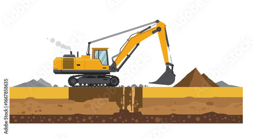 Excavator on construction site: heavy machinery digging in industrial setting