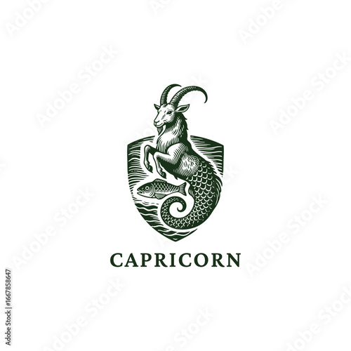 Flat vector engraving logo illustration of the mythical sea goat Capricorn, a legendary creature with the body of a goat and the tail of a fish