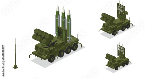 Isometric military missile launcher and radar system on vehicle