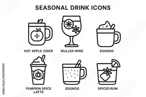 Seasonal drink icon set. Autumn winter party beverages. Outline vector icons hot apple cider, mulled wine, eggnog, pumpkin spice latte, spiced rum. Christmas menu element.