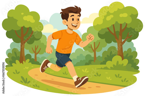 Young man running on a trail in a summer park. Happy boy jogging in nature. Concept of healthy lifestyle, outdoor fitness, exercise, and cardio workout. Vector cartoon.