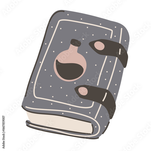 Dark magic spell book with potion bottle emblem in cute Halloween cartoon style isolated vector illustration for witchcraft design.