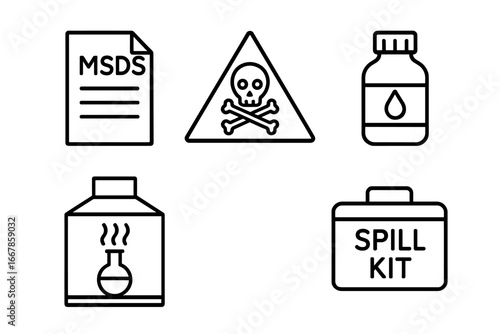 Chemical safety line icon set. MSDS sheet, poison warning sign, toxic chemical container, lab fume hood, and emergency spill kit vector icons for health and safety.
