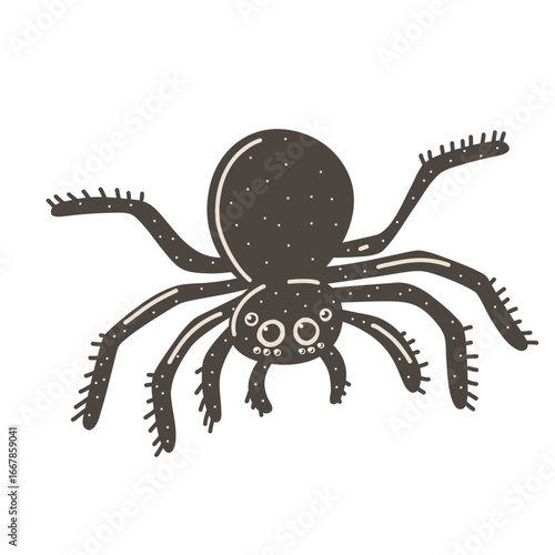 Creepy black spider in cute minimalist Halloween cartoon style isolated vector illustration for spooky design.