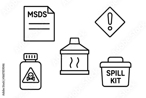 Chemical safety outline icon set. Lab safety pictograms with MSDS sheet, warning sign, toxic container, fume hood, spill kit. Vector graphic for hazard communication.