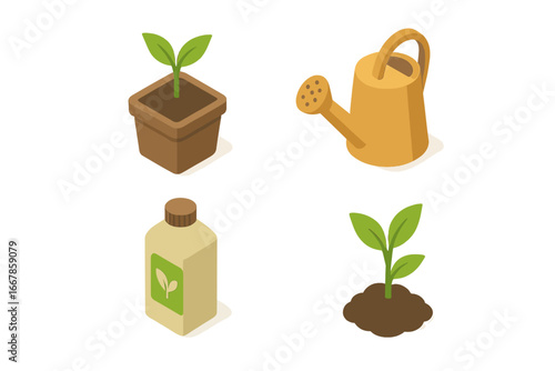 Isometric plant growth icon set. Vector illustration of seedling, sprout in pot and ground, watering can, and fertilizer. Concepts of gardening, agriculture, ecology, and growth.