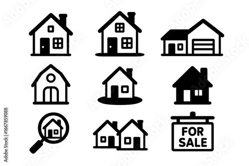 House icon set for real estate. Vector symbols for property, home, building, mortgage, and for sale sign. Minimalist glyph collection for web and app design. Find a home.