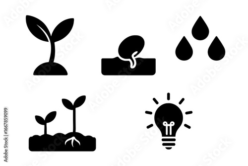 Seed germination and plant growth vector icon set. Solid icons of sprout, soil, water drops, lightbulb. Metaphor for idea, innovation, business development, and success.