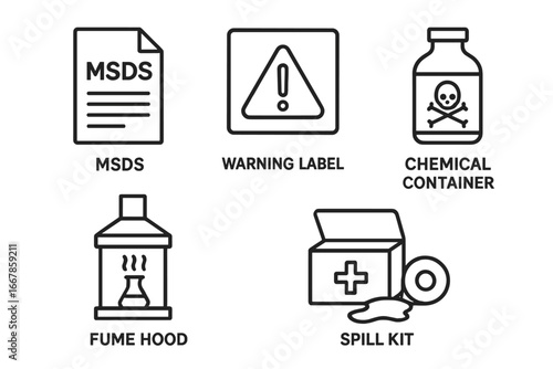 Chemical safety outline icons. MSDS data sheet, hazard warning label, toxic container, lab fume hood, spill kit. Vector graphic for workplace safety & GHS communication.