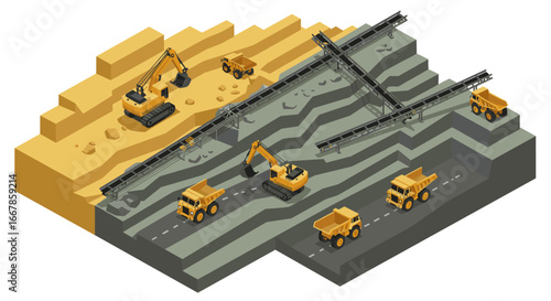 Isometric construction site with excavators and dump trucks in quarry setting