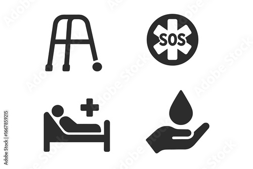 Senior health care icon set. Elderly patient support symbols. Walker, medical alert, hospital bed, caregiver, blood donation. Geriatric medicine vector glyph pictogram.
