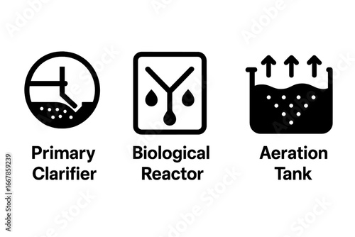 Sewer treatment process solid filled icon set. Wastewater management vector illustrations. Primary clarifier, biological reactor, aeration tank. Sewage purification system symbols.