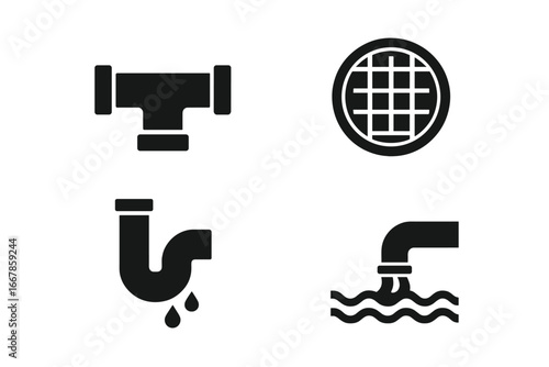 Sewer system solid glyph icons. Plumbing pipeline, manhole cover, leaking pipe, and wastewater discharge. Drainage, sanitation, and water pollution vector illustration set.