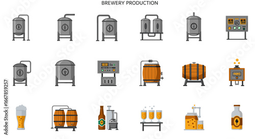 Brewing equipment set featuring tanks, kettles, and fermentation barrels for craft beer production