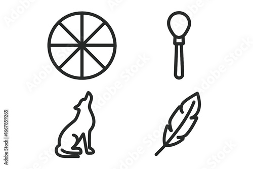 Shamanic journey icons set. Outline spiritual symbols. Shaman drum, beater, spirit animal wolf and feather. Ethnic native american tribal ritual vector elements.