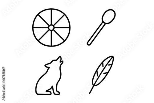 Shamanic journey outline icon set. Vector spiritual symbols. Sacred drum, beater, wolf spirit animal, feather. Tribal native meditation, esoteric ritual elements illustration.