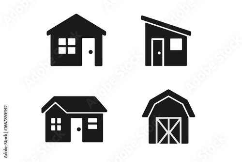 Shed icon set vector collection. Solid glyph silhouette of outbuildings. Features gable, lean-to, saltbox, and barn style roof designs. House, storage, garden concept symbol.