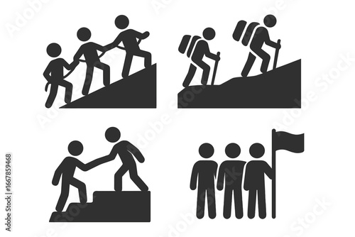 Teamwork icon set. Group of people climbing mountain with rope. Hikers with backpacks. Helping hand concept for support and mentorship. Team success with flag. Solid vector pictogram.