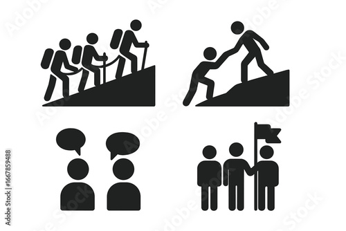 Teamwork icon set. Solid vector icons of group climbing, helping hand, communication and leadership. Metaphor for business collaboration, support, and success achievement.