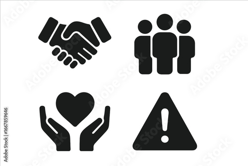 Teamwork and hazard solid glyph icon set. Handshake for partnership, people for community, hands holding heart for charity and support. Warning sign for risk and danger alert.