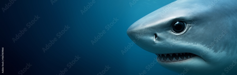 Fototapeta premium Close-up image of shark head with teeth and black eyes, underwater, right side, blue ocean background with empty copyspace on left. Ai generative. Ai generative
