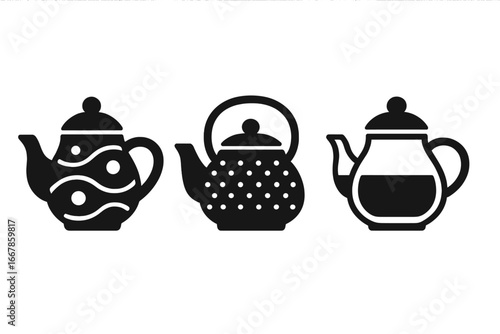 Teapot icon set, solid filled glyph collection. Different teapots and kettles silhouette. Vector graphic of porcelain, cast iron, and glass pot for tea or hot drinks.
