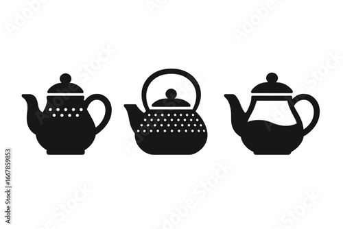 Teapot icon set. Vector collection of various teapots. Porcelain, cast iron, and glass kettle silhouettes. Kitchenware symbols for tea time, cafe menu, or beverage concepts.