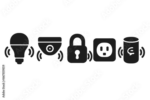Smart home glyph icons set. Home automation system pictograms. Vector symbols of smart light, security camera, voice assistant speaker, digital lock, and wireless plug socket.