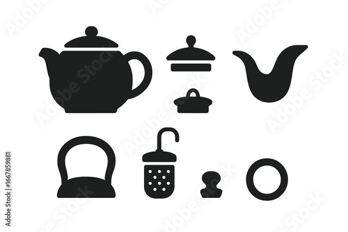 Teapot parts solid icon set. Kettle components glyph collection. Vector silhouette of teapot body, lid, spout, handle, tea infuser for infographic or assembly guide.