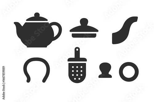 Teapot parts icon set. Solid glyph vector icons of teapot components: body, lid, spout, handle, tea infuser, strainer, knob, and base. Kitchenware objects collection.