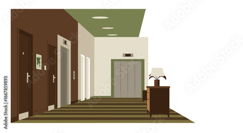 Modern hotel hallway with elevators and decorative details in flat design