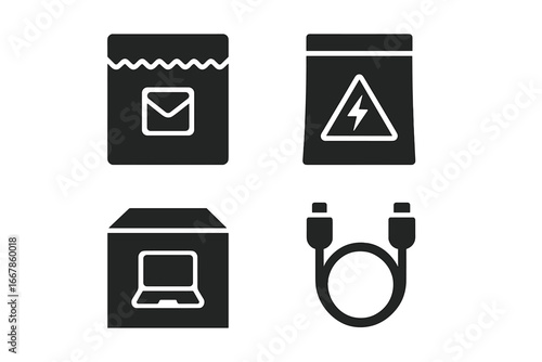 Tech packaging solid icon set. Vector glyphs of electronic product shipping. Padded envelope, anti-static bag for safety, tech box with laptop, and data cable icons.