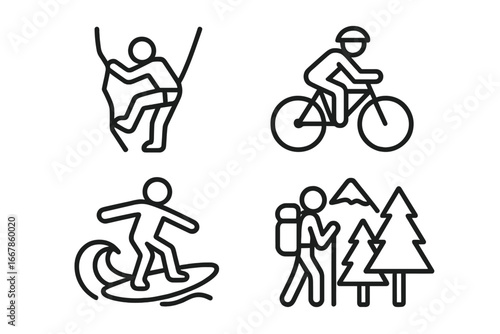 Outdoor adventure linear icon set, climbing, biking, surfing, hiking, nature exploration, extreme sports, travel activities, vector cartoon illustration with transparent background