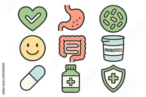 Gut health and probiotics icon set. Digestion, microbiome, and healthy bacteria concept. Stomach, intestine, and supplement symbols. Vector icons for web and healthcare.