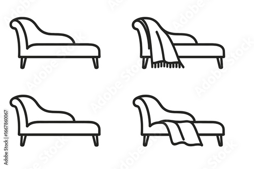 Chaise lounge with throw blanket icon set. Furniture outline vector. Home decor, interior design concept. Couch, sofa, divan silhouette with draped plaid for cozy living room style.