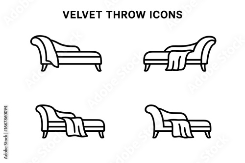 Chaise lounge with throw blanket icon set. Outline vector illustration of furniture styling. Interior design element. Couch, sofa, and daybed silhouette with draped fabric.