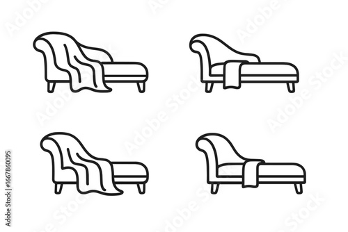 Chaise lounge with throw blanket icon set. Home interior furniture line icons. Couch, sofa, daybed with draped plaid. Vector illustration of cozy decor elements. Comfort symbol.