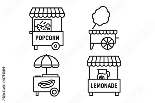 Street food vendor stall outline icon set. Popcorn machine, cotton candy cart, hot dog stand, lemonade kiosk. Vector illustration for carnival, fair, or market concepts.