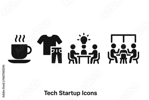 Tech startup culture solid icon set. Vector glyphs of business concepts like brainstorming, innovation, teamwork, and casual dress code. Collaboration and coffee break symbols.