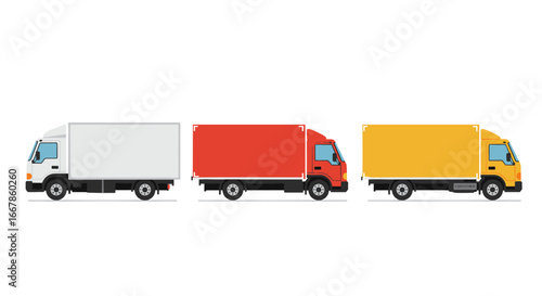 Colorful fleet of box trucks in flat style with three different designs